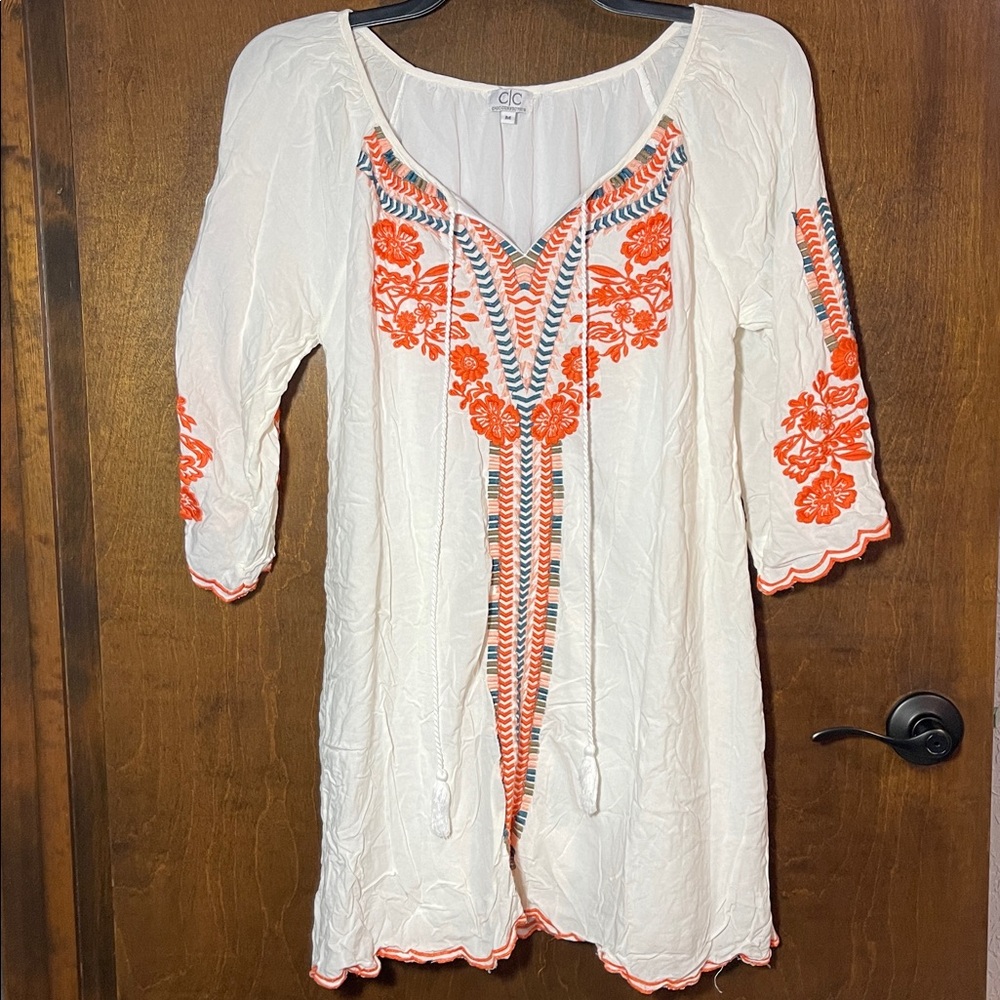 Embroidered White and Orange Tunic Beach Cover Up